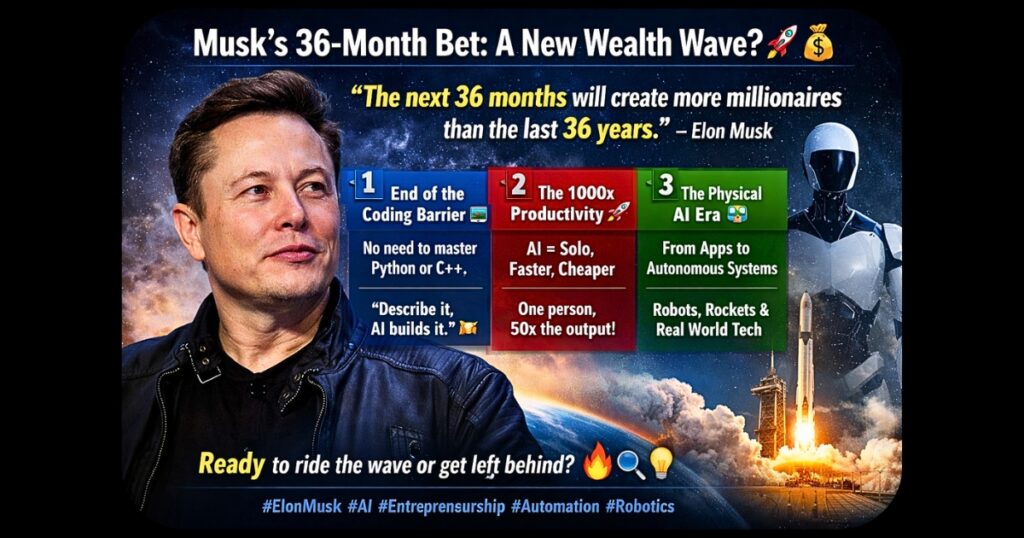 Elon Musk predicts the next three years will mint more millionaires than the past three decades, driven by AI, automation, and collapsing entry barriers.
